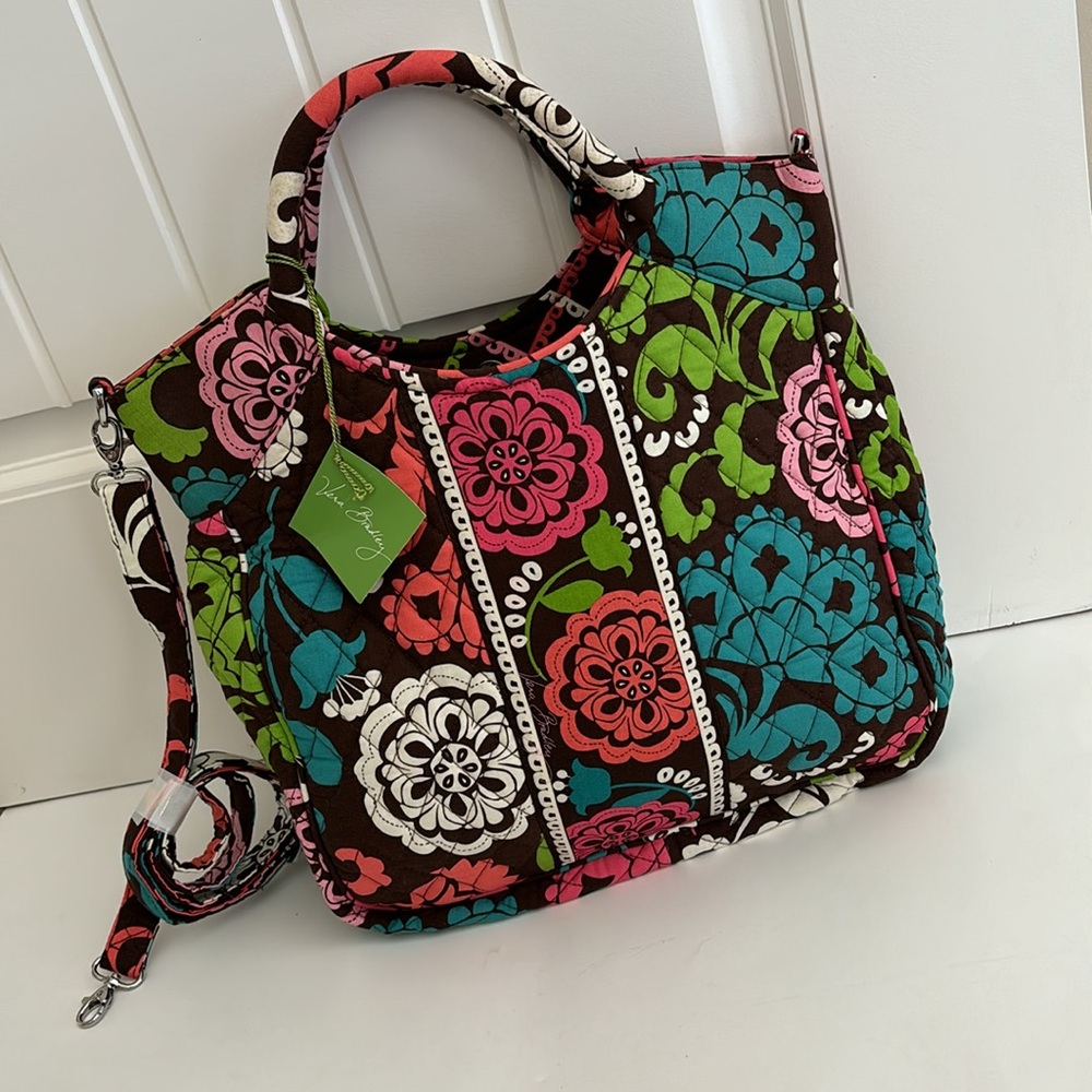 Vera Bradley Lola Two Way Tote Brown Pink Floral Quilted‎ Medium Handbag Purse
